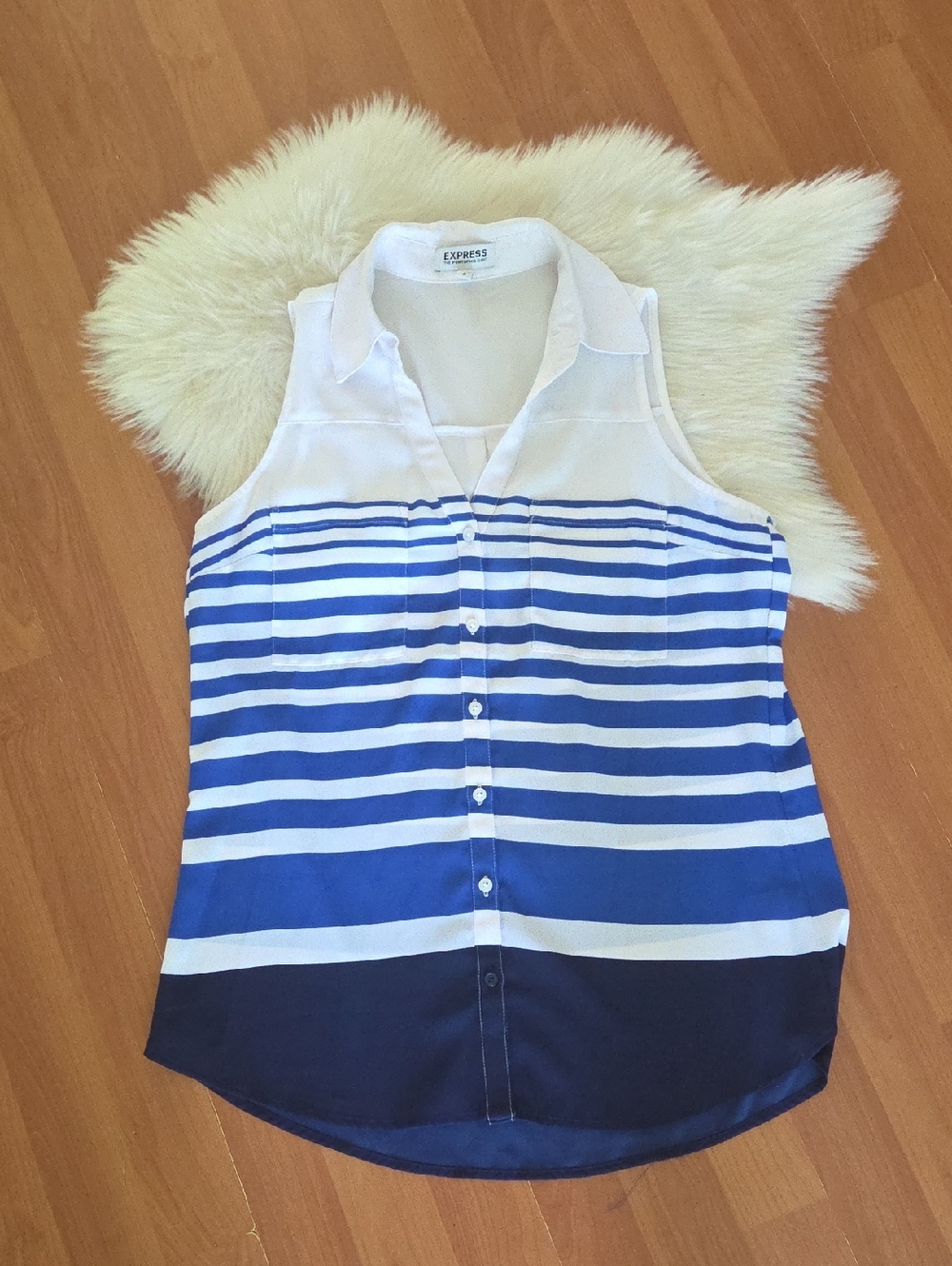 Express Sleeveless Portofino Collared Blue & White Striped Button Top Small